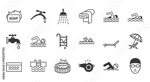 Swimming pool and bathing vector line icons set. Swimmer, shower, soap, towel, faucet, sun lounger, umbrella, whistle, goggles outline symbols for web and app UI, isolated on white