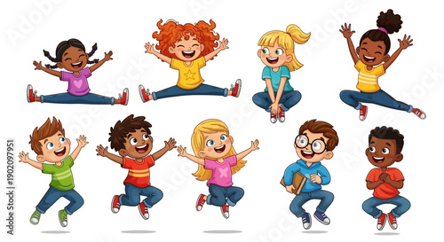 Diverse group of happy cartoon children jumping, sitting, and playing, vector illustration for kids' activities, education, or social media, isolated on white