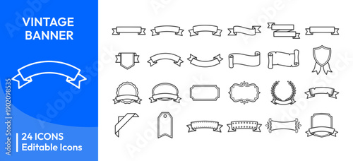 Vintage Banner and Ribbon Line Icon Set