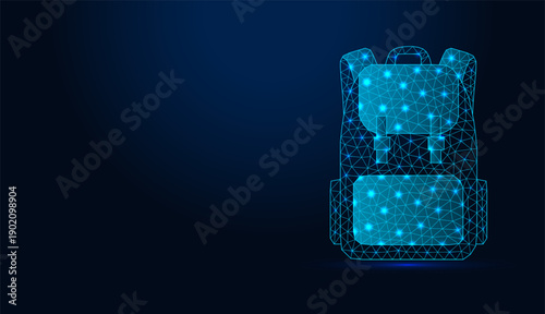 Low poly wireframe backpack for school or travel on dark blue background.