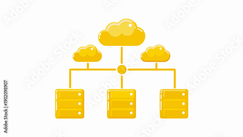 Cloud technology system vector illustration with servers and network connections for data storage and management