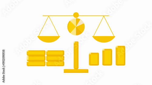 Financial planning and balance concept with gold scales coins and charts on white background for business and investment themes