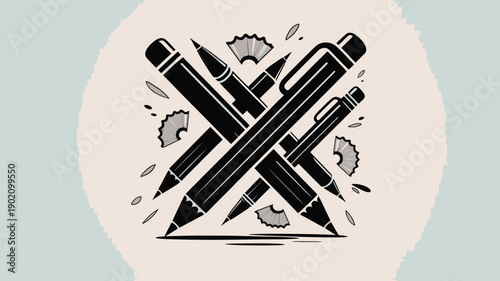 Dynamic illustration of crossed pencils and crayons with sharpener shavings