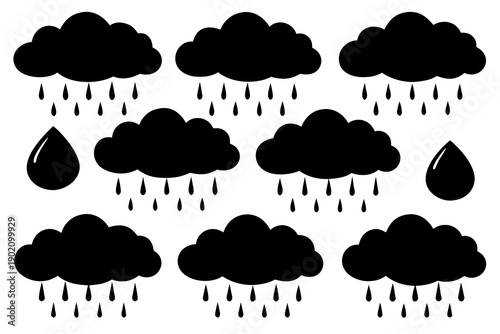 set of Dark Rain Clouds Silhouette Vector, Weather and Nature Illustration