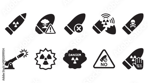 Nuclear bomb and radiation danger signs with laser cannon and no touch symbol