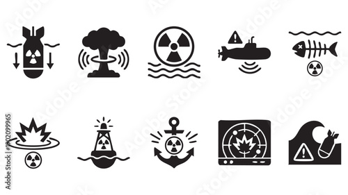 Marine nuclear threat icons including submarine bomb explosion and fish skeleton