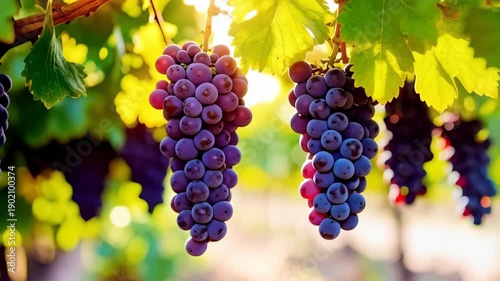 Wallpaper Mural Clusters of ripe dark grapes hanging from the vine in a vineyard under sunlight, suggesting winemaking and autumn harvest. Torontodigital.ca