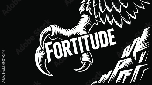 Bold eagle graphic with fortitude text on black background
