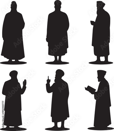 set of silhouettes of people in traditional robes standing in various poses