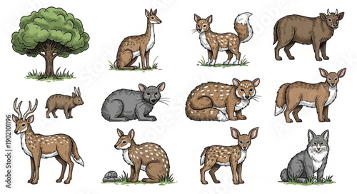 Collection of Various Animals and a Tree Illustration.
