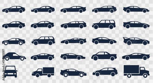 Collection of Various Car Silhouettes and Icons.