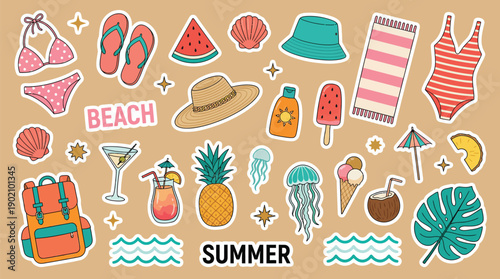 Summer Stickers for Daily Planner, Scrapbooking Elements Featuring Beach Party Items, Cocktail, Bag, Ice Cream, Bikini, Beach Hat, Tropical Vacation Doodle Icons