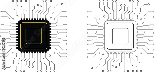 Microchip Processor Vector Illustration, CPU Circuit Board Technology Chip Icon Set