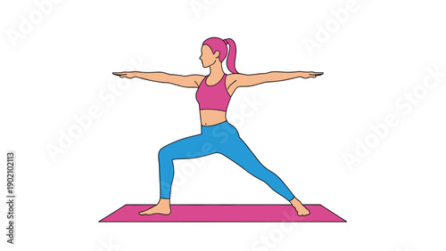 Woman practicing yoga in a warrior pose on a pink mat wearing a pink top and blue leggings on a white background.