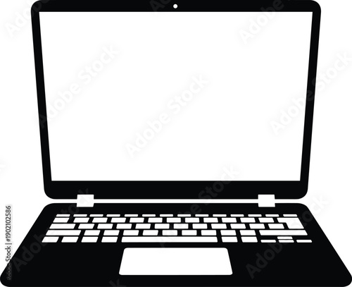 Laptop computer silhouette icon, technology device artwork, digital tool design, computing symbol illustration, modern gadget tribute, online work graphic, flat vector illustration