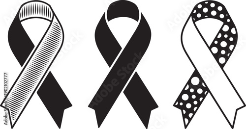 Black Ribbon Set Representing Awareness and Support with Different Patterns Vector Illustration