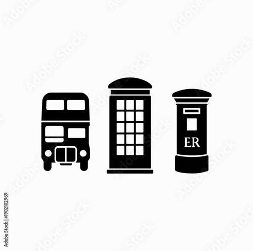 London Iconic Elements Black and White Vector Set – Double Decker Bus, Telephone Box, Post Box