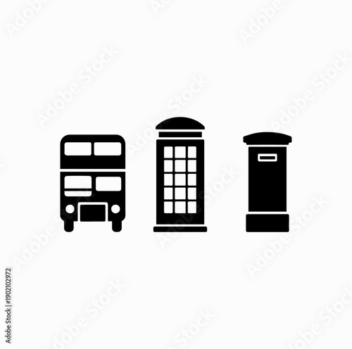 London Iconic Elements Black and White Vector Set – Double Decker Bus, Telephone Box, Post Box