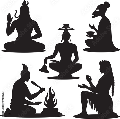 Silhouette of people from different cultures sitting in various poses