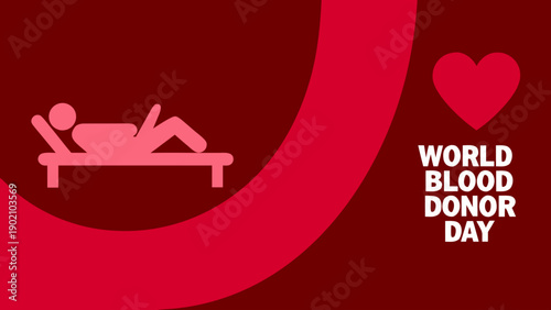 Flat illustration of male blood donor lying on donation bed for world blood donor day red background with heart symbol
