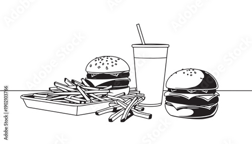 Fast Food Combo Meal Vector Illustration with burgers french fries and soda drink for restaurant takeaway delivery menu