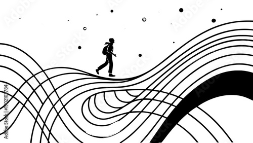 Abstract Journey Illustration with Walking Person Silhouette and Flowing Wave Lines