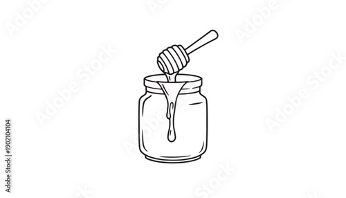 Organic Honey Jar with Wooden Dipper Vector Illustration Outline Icon for Natural Sweetener Product Packaging and Menu