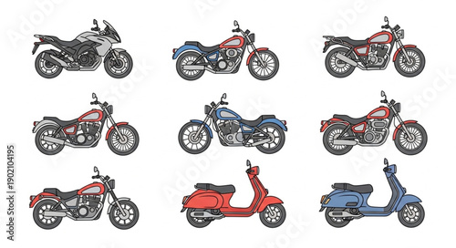 Collection of Various Motorcycles and Scooters Illustration.
