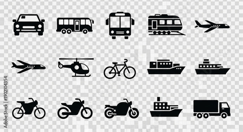 Collection of various transportation vehicle icons on transparent background.