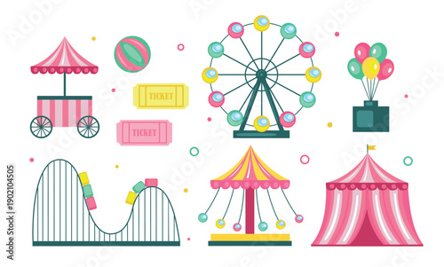 Set of colorful amusement park in cartoon style. Vector illustration of ice cream carts, ball stand, swings, circus tent, roller coaster, ferris wheel, tickets on white background.