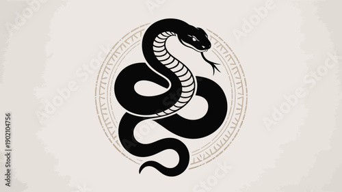 Stunning black snake coiled in circular pattern with tribal design