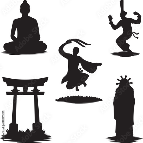 silhouettes of buddha statue and people performing dance isolated on white background
