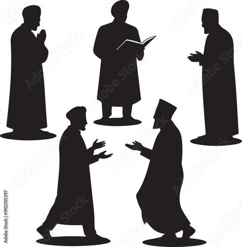 Silhouettes of men in traditional robes and turbans in various poses
