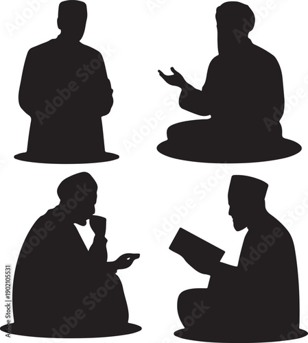 Silhouettes of men in various sitting positions and activities on transparent background
