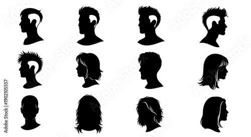 Collection of diverse black silhouettes showcasing various hairstyles for men and women, presented in a grid layout.