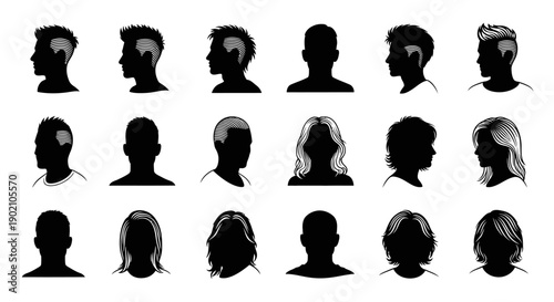A collection of diverse black and white silhouette portraits of people with various hairstyles and facial profiles.