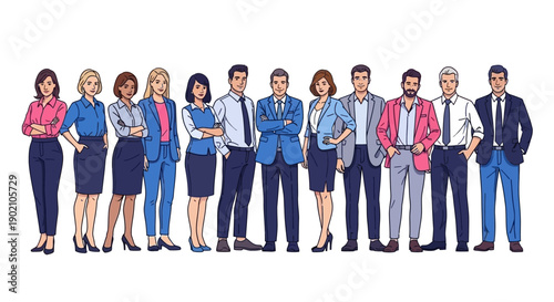 A diverse group of professional men and women standing together in a line, showcasing a variety of business attire and styles.