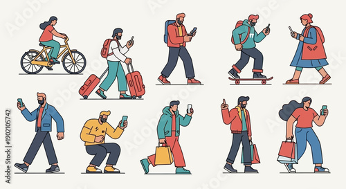 A diverse group of people engaged in various activities, including cycling, walking with luggage, skateboarding, and using smartphones, illustrating modern urban life and personal mobility.
