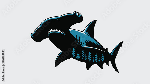 Stylized shark illustration with blue accents and sharp teeth