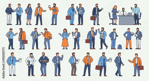 A collection of diverse business people in various poses and attire, illustrating professional interactions and individual actions.