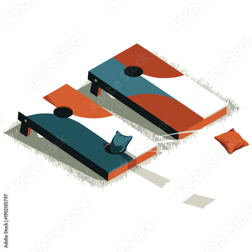 Detailed isometric illustration showcases two cornhole boards one with a blue bean bag in its hole and another orange bean bag resting on the surrounding grass This artwork captures a popular outdoor 