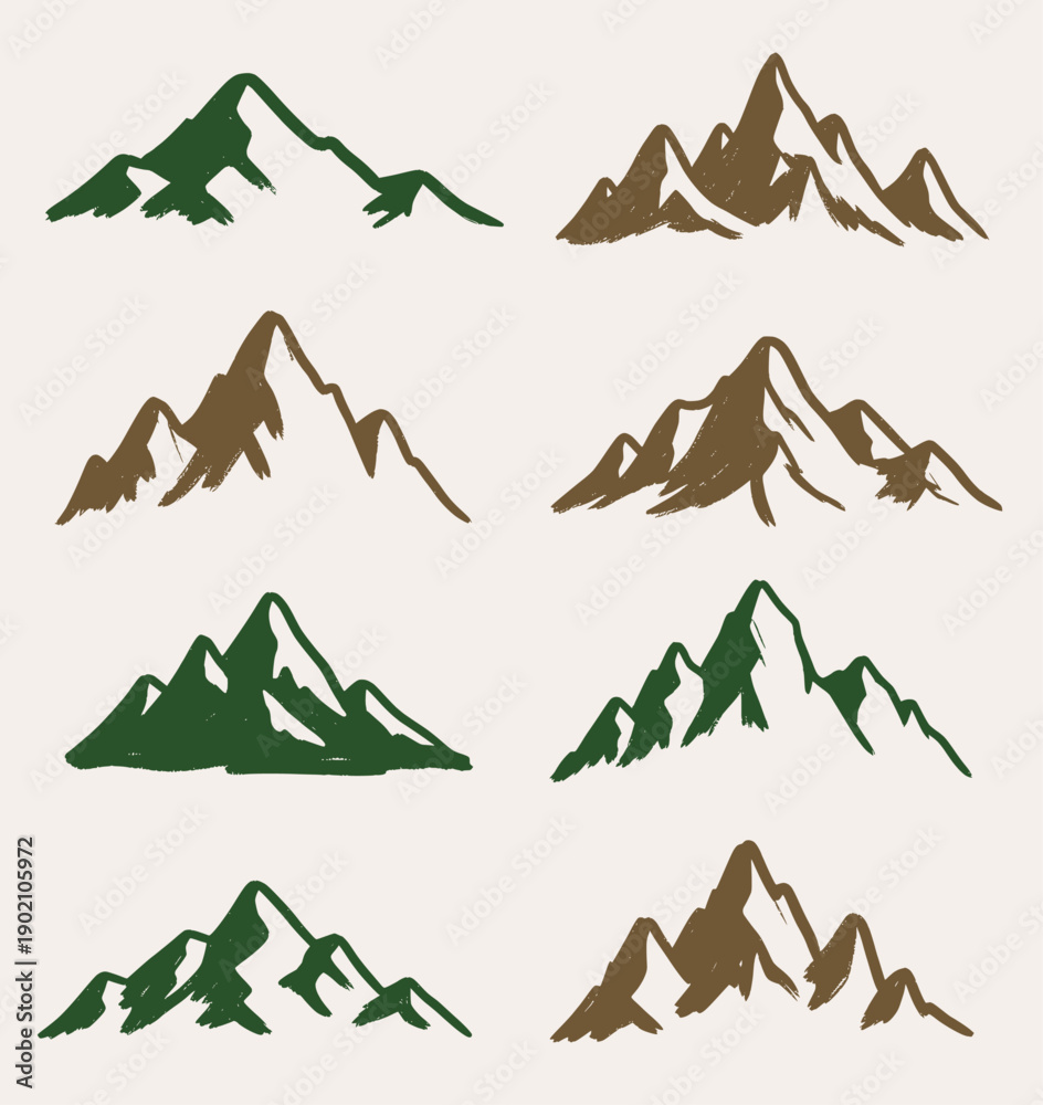 Fototapeta premium A collection of stylized mountain vector illustrations in a hand-drawn brushstroke style, featuring natural green and brown earthy tones