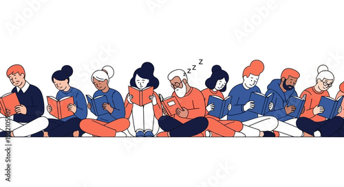 A diverse group of people of various ages and ethnicities are sitting on the floor and reading books.