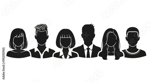 Silhouettes of diverse people representing a group of individuals with different hairstyles and attire.