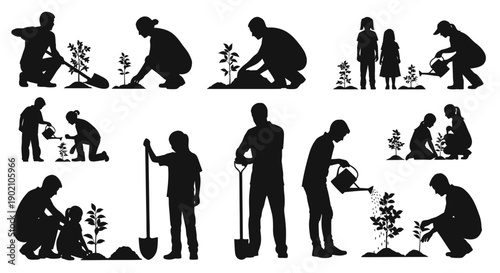 Silhouettes of people of different ages planting trees and watering them in a garden setting.