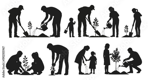 Silhouettes of families and individuals planting trees and watering them in a garden setting.