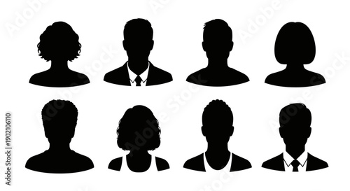 A collection of eight black silhouette profile pictures of diverse individuals, showcasing various hairstyles and attire.