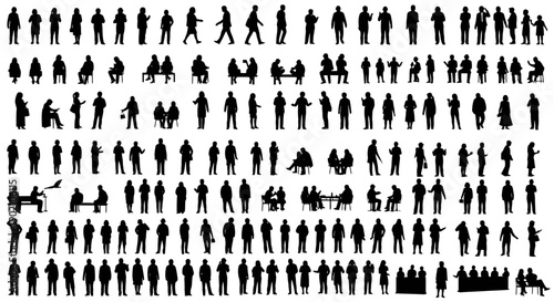 A large collection of diverse black and white silhouette figures of people in various poses and activities, presented in a grid format.