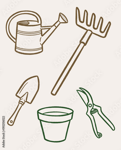 Hand-drawn vector illustration featuring essential gardening tools like a watering can, rake, trowel, plant pot, and pruning shears in a rustic outline style
