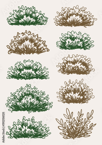 Hand-drawn vector illustrations of various green and brown textured bushes and shrubbery, presented in a charming crayon sketch style